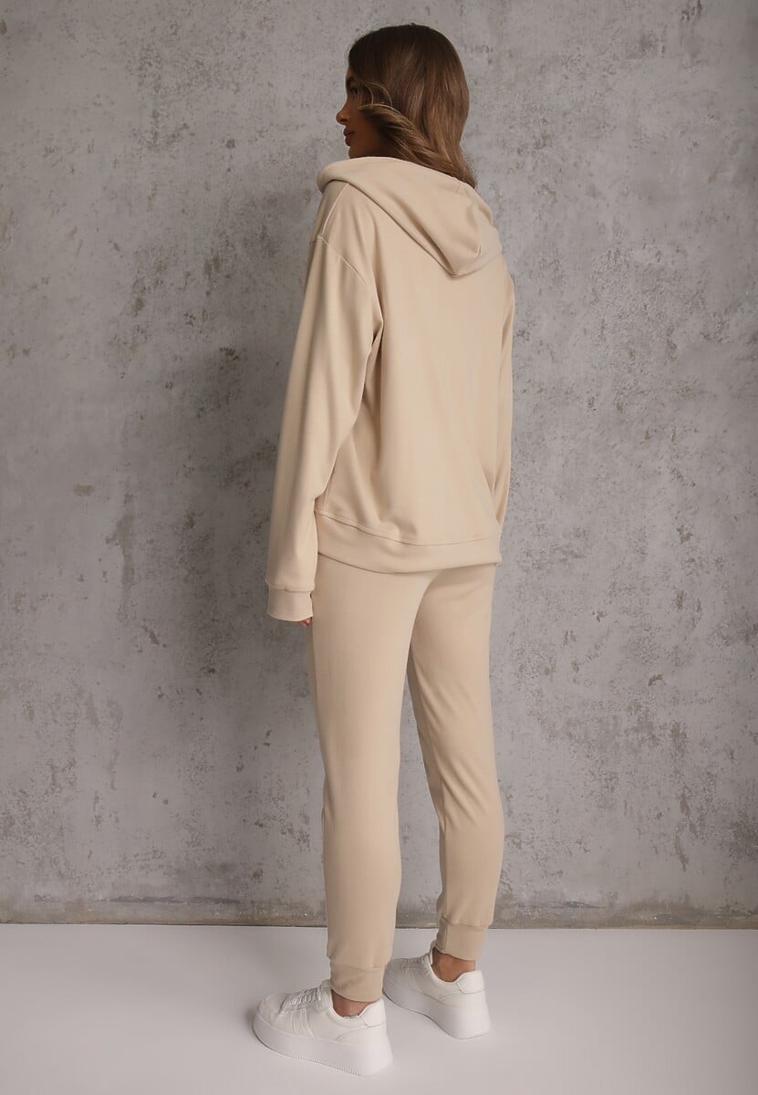 Beżowy Komplet Dresowy Spodnie Joggery i Bluza z Kapturem na Suwak Bernika 3