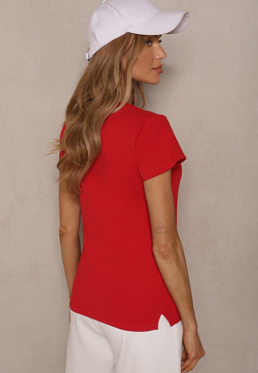Czerwony Bawełniany T-shirt z Trójkątnym Dekoltem Linalitia 3