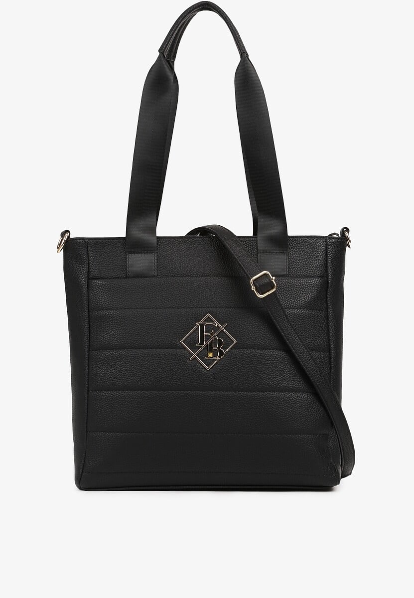 Czarna Torebka Typu Shopper z Paskiem Crossbody i Aplikacją Zdobiona Pikowaniem Fleomira 1