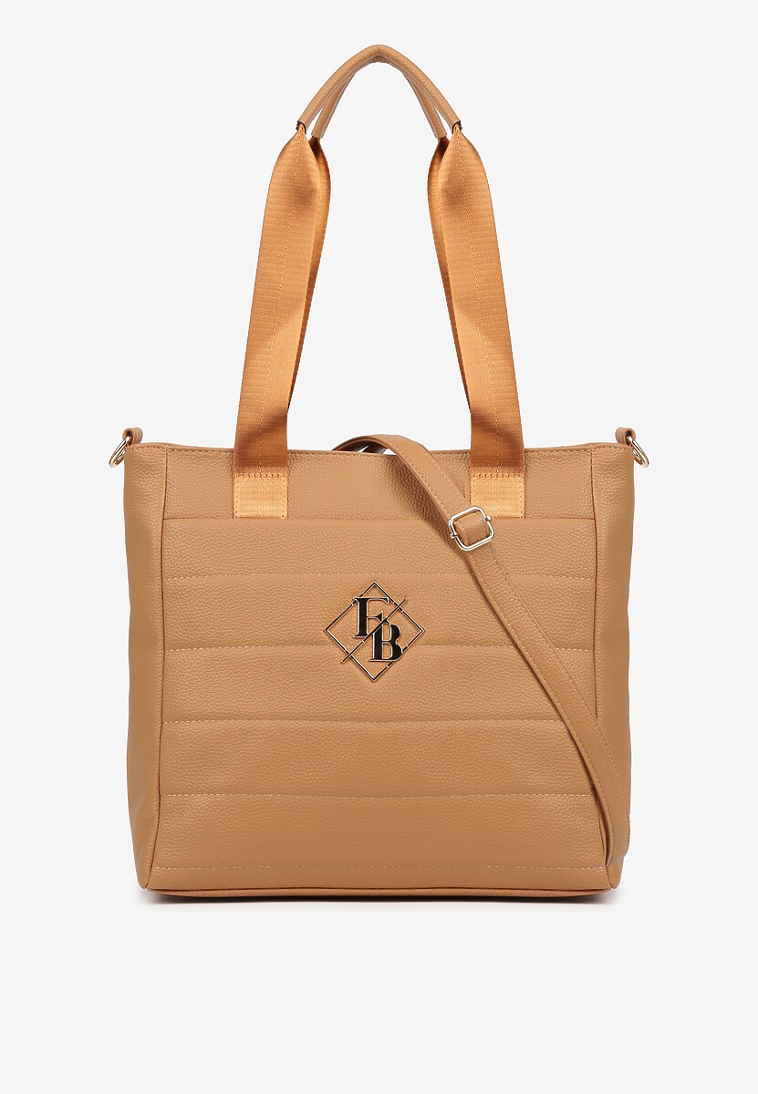 Jasnobrązowa Torebka Typu Shopper z Paskiem Crossbody i Aplikacją Zdobiona Pikowaniem Fleomira 1