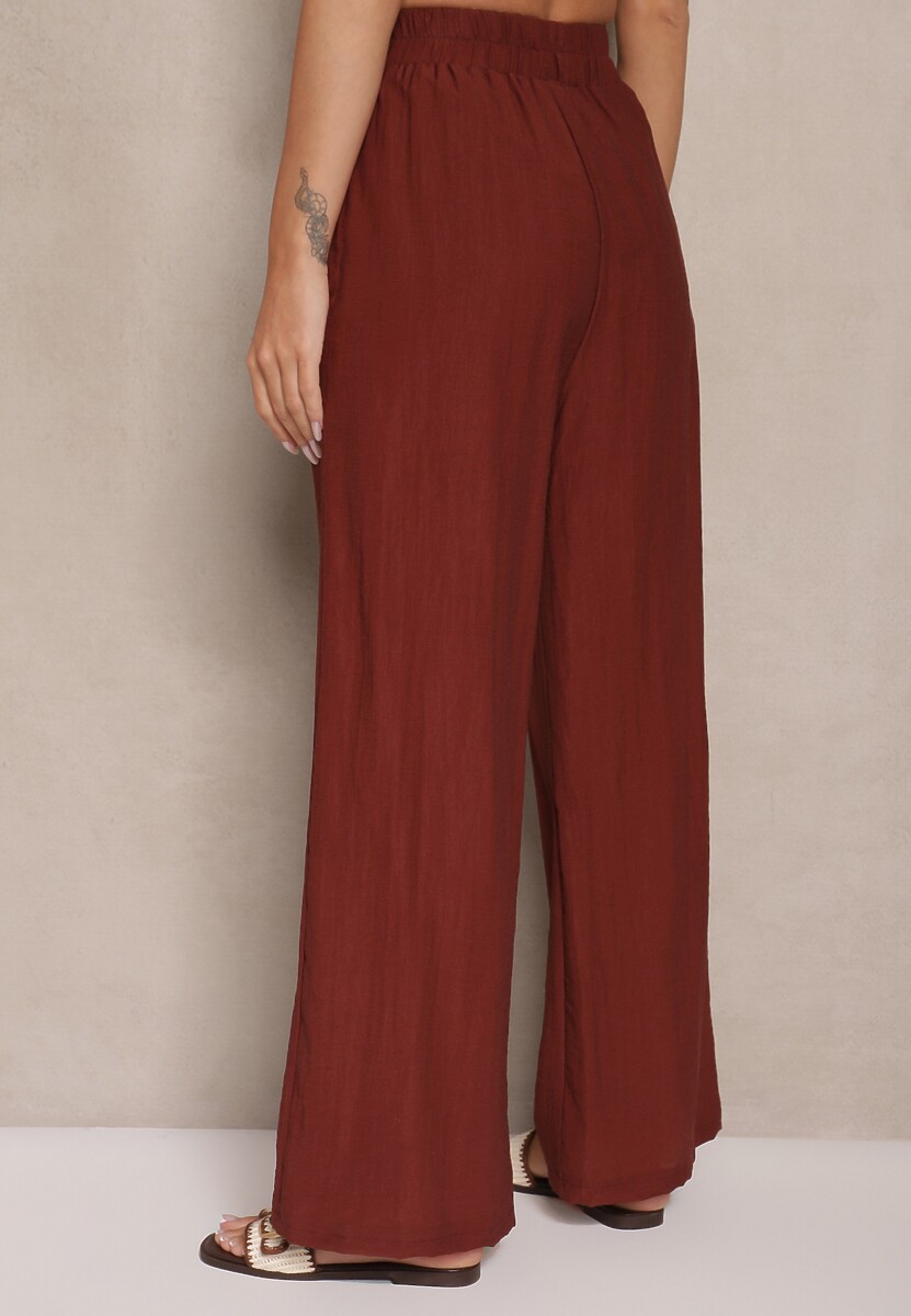 Bordowe Wiskozowe Spodnie Palazzo High Waist z Lnem Linaselia 3