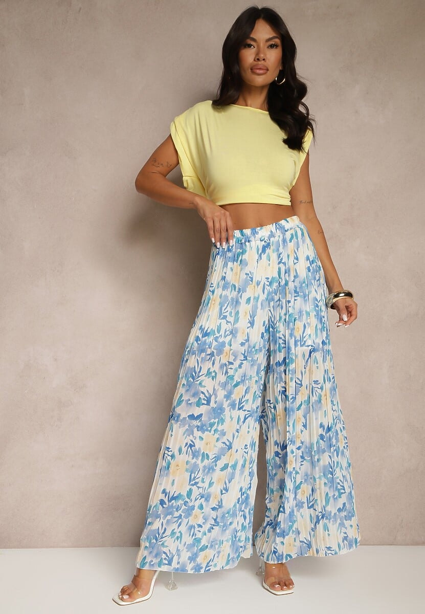 Niebieskie Spodnie High Waist Zdobione Plisami i Kwiatowym Printem Folamea 1