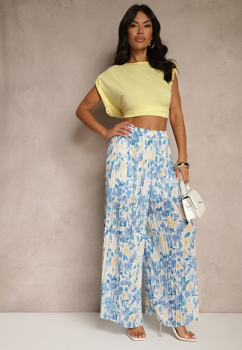 Niebieskie Spodnie High Waist Zdobione Plisami i Kwiatowym Printem Folamea 2