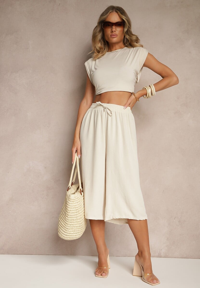 Beżowe Spodnie Kuloty z Bawełną High Waist Azetia 2