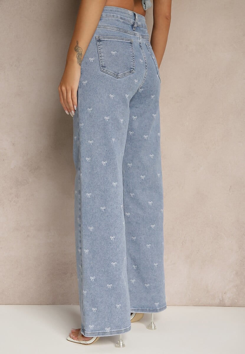 Niebieskie Jeansy High Waist z Szeroką Nogawką i Nadrukiem w Kokardki Folirela 3