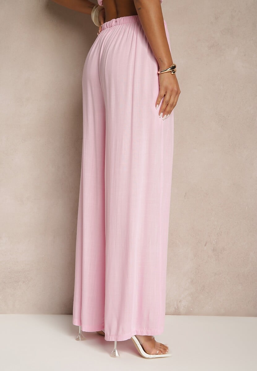 Różowe Szerokie Spodnie High Waist z Gumką w Talii Ilnena 3