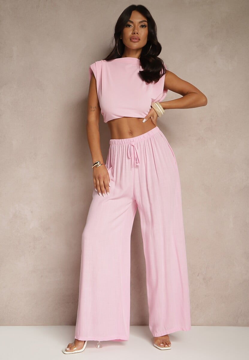 Różowe Szerokie Spodnie High Waist z Gumką w Talii Ilnena 1