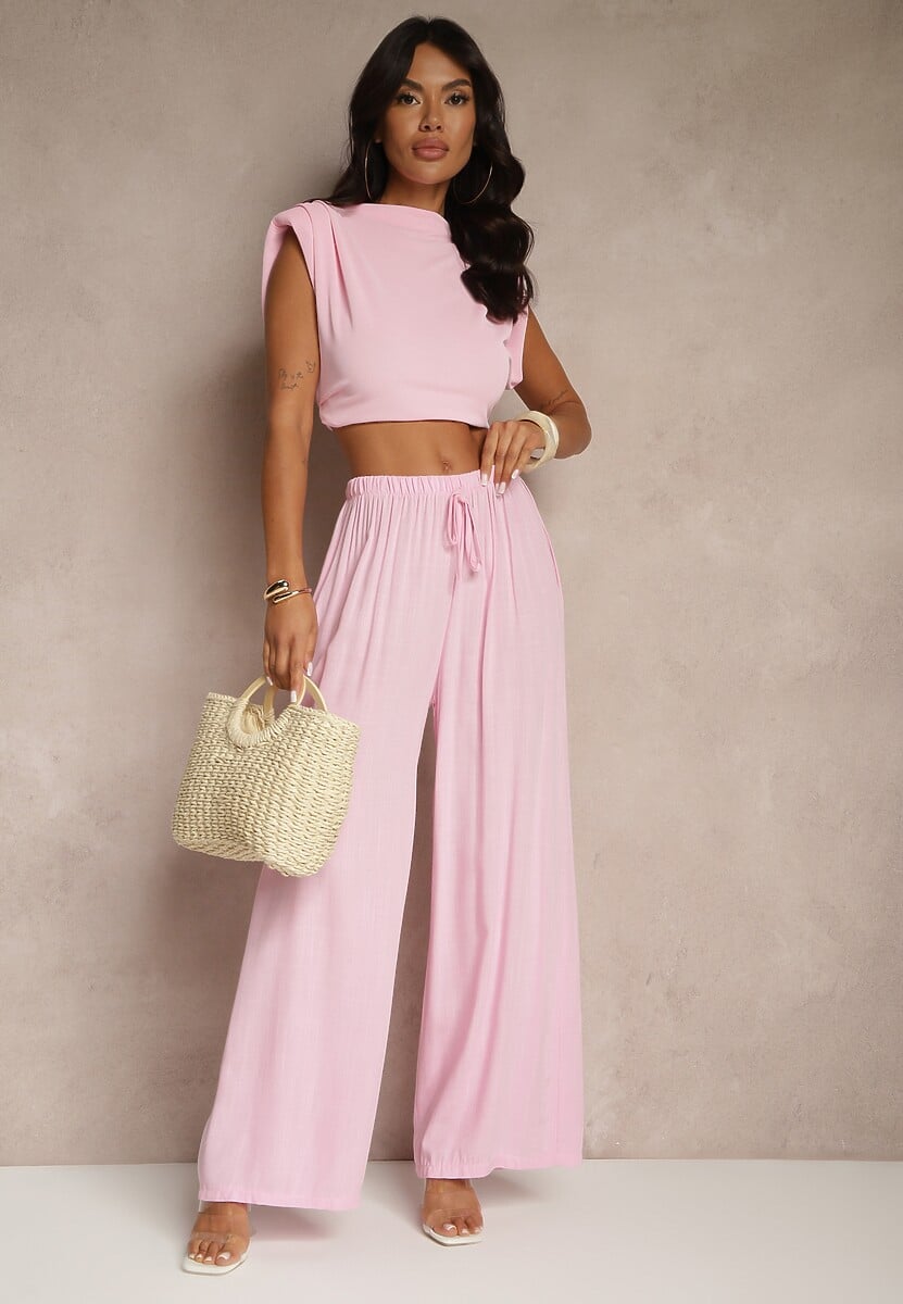 Różowe Szerokie Spodnie High Waist z Gumką w Talii Ilnena 2