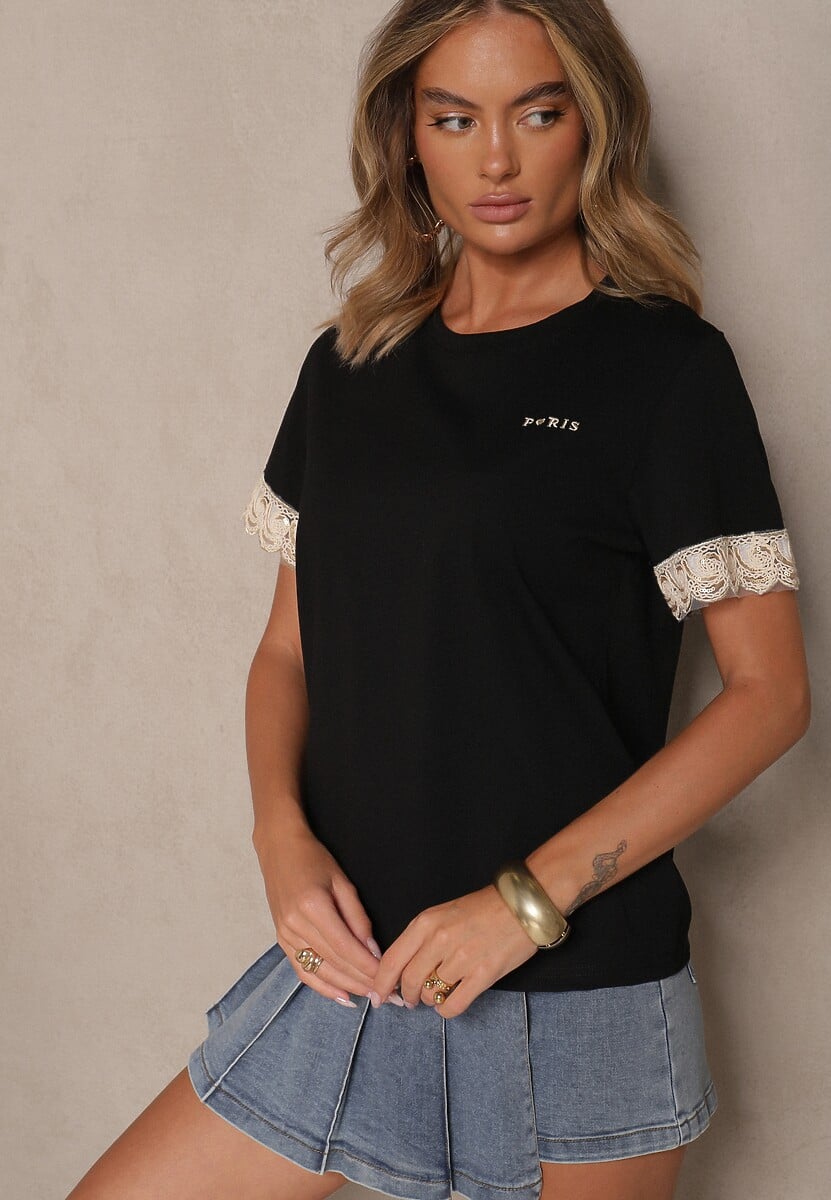 Czarny Bawełniany T-shirt z Koronkowymi Zdobieniami i Cekinami Drane 1