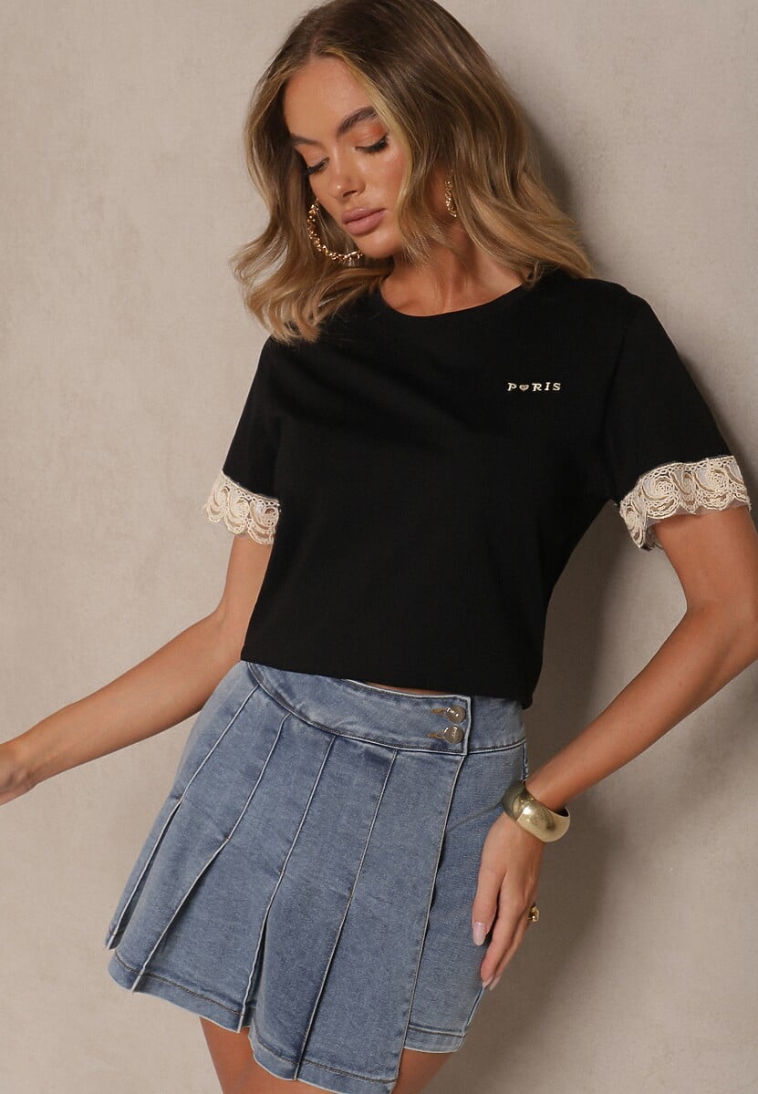 Czarny Bawełniany T-shirt z Koronkowymi Zdobieniami i Cekinami Drane 2