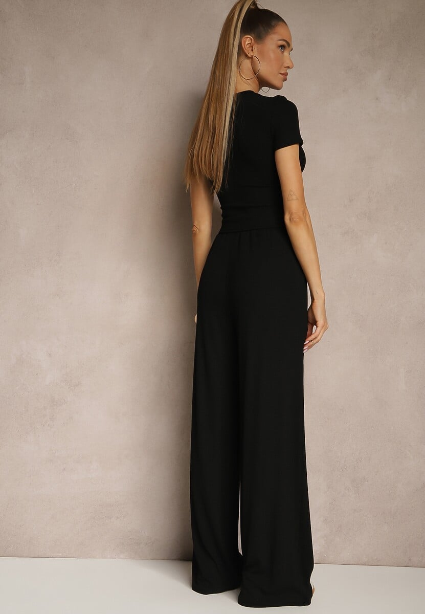 Czarny Komplet z Bawełny T-shirt Typu Crop Top i Spodnie Wide Leg Nelisandra 3