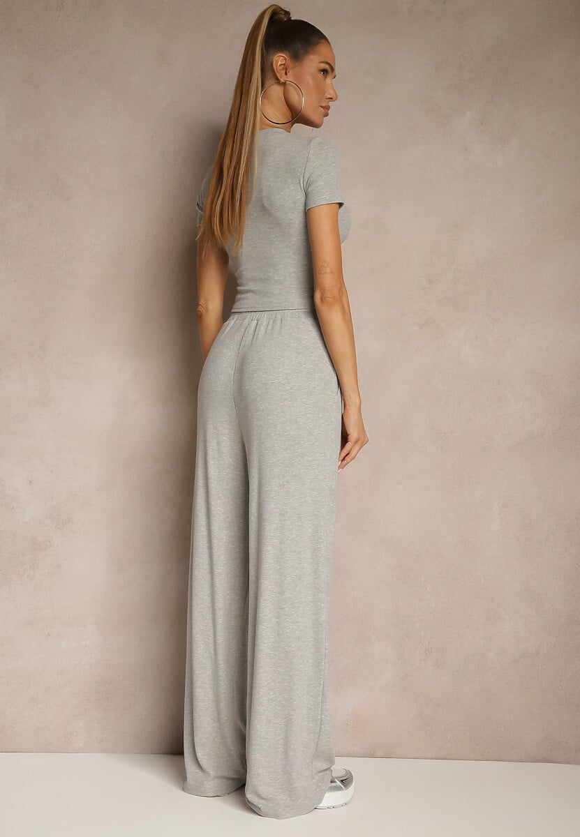 Szary Komplet z Bawełny T-shirt Typu Crop Top i Spodnie Wide Leg Nelisandra 3