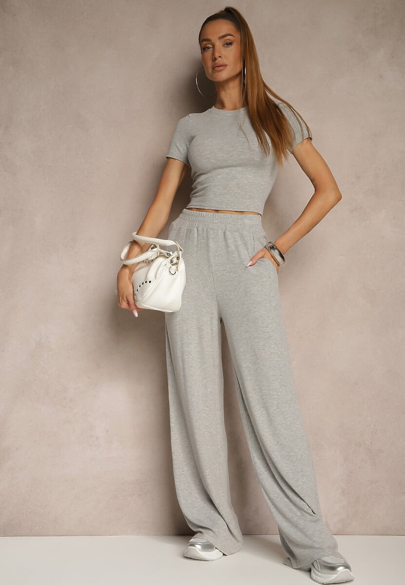Szary Komplet z Bawełny T-shirt Typu Crop Top i Spodnie Wide Leg Nelisandra 2