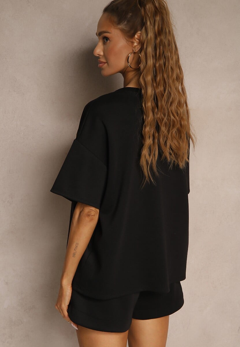 Czarny Komplet z Wiskozą o Fasonie Oversize T-shirt i Szorty Lirafina 3