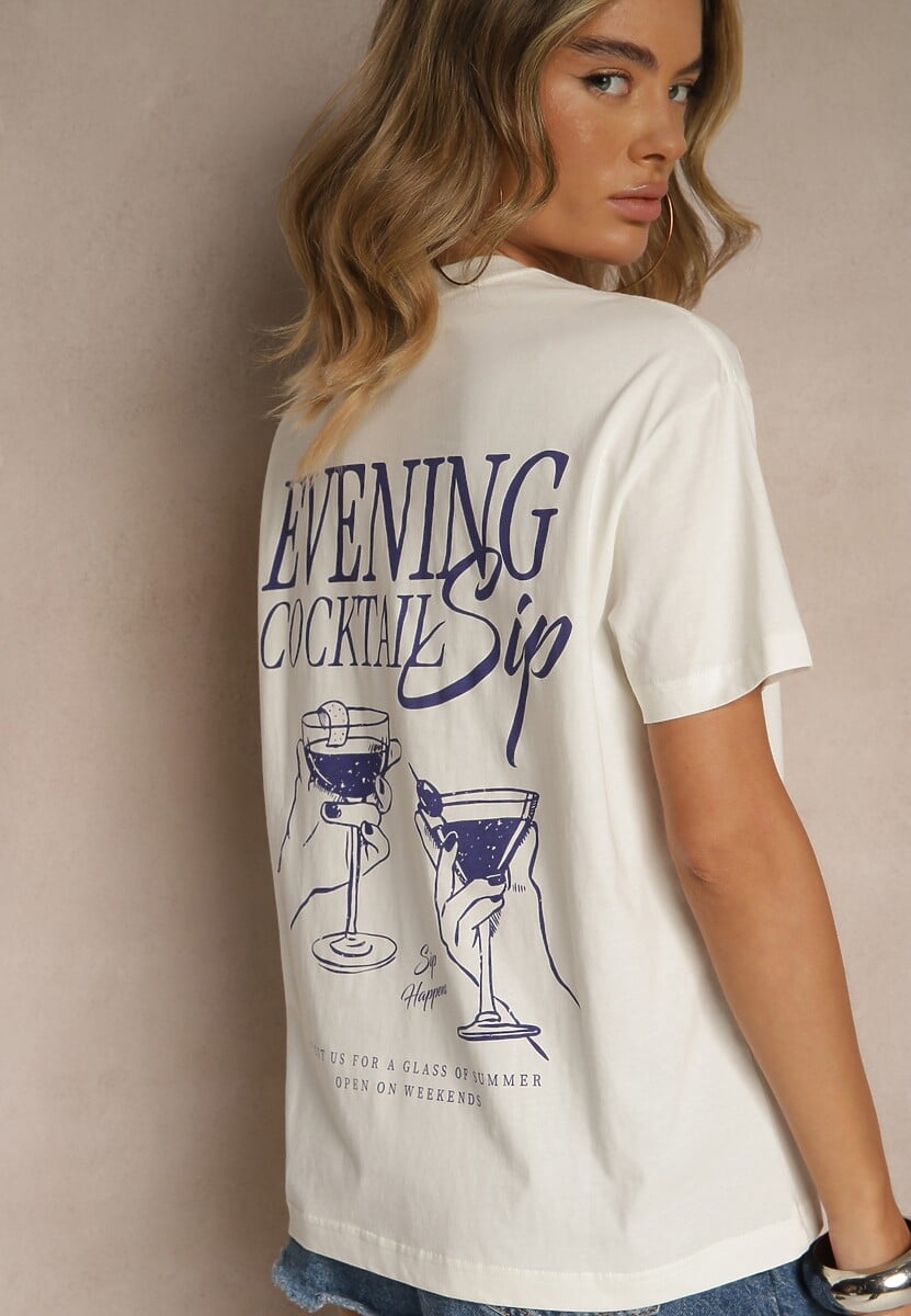 Jasnobeżowy T-shirt z Bawełny z Nadrukiem Adferia 3