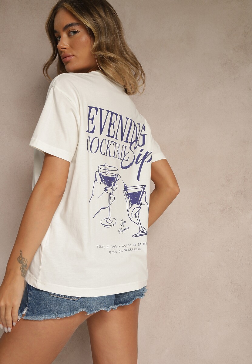 Jasnobeżowy T-shirt z Bawełny z Nadrukiem Adferia 1