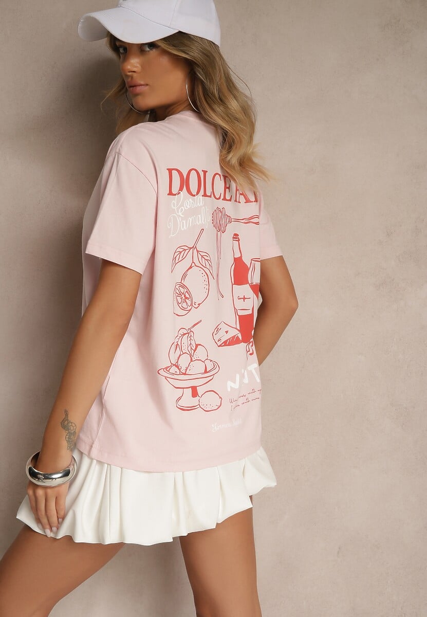 Jasnoróżowy T-shirt z Bawełny z Nadrukiem Adferia 3