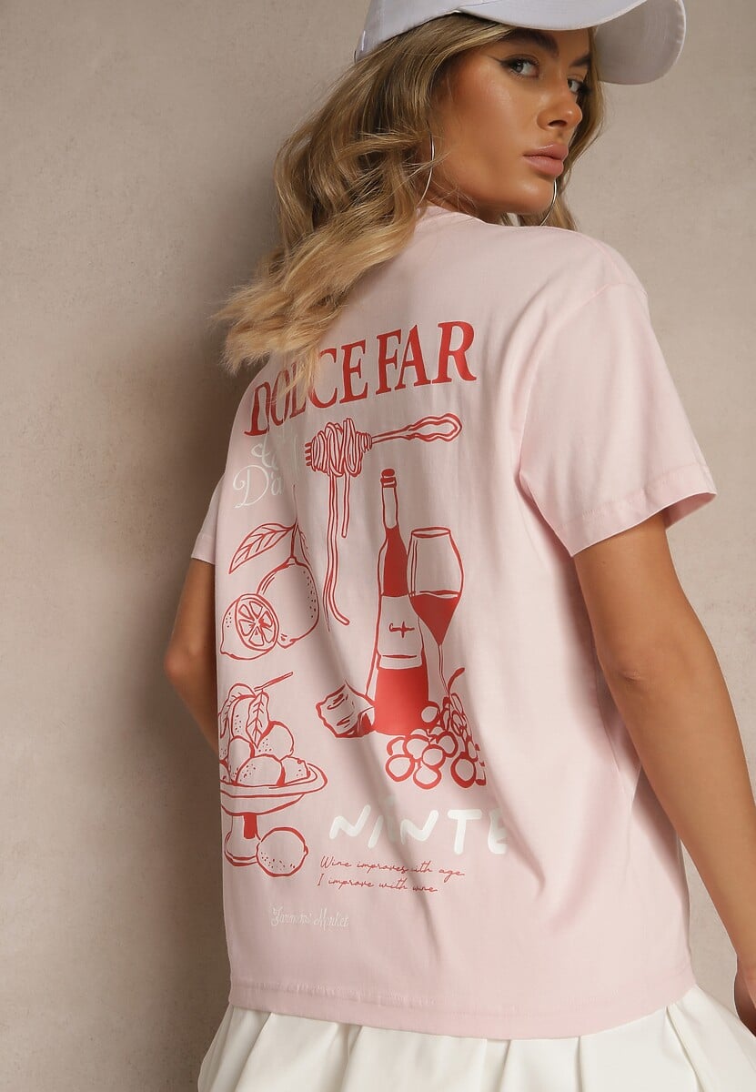 Jasnoróżowy T-shirt z Bawełny z Nadrukiem Adferia 1