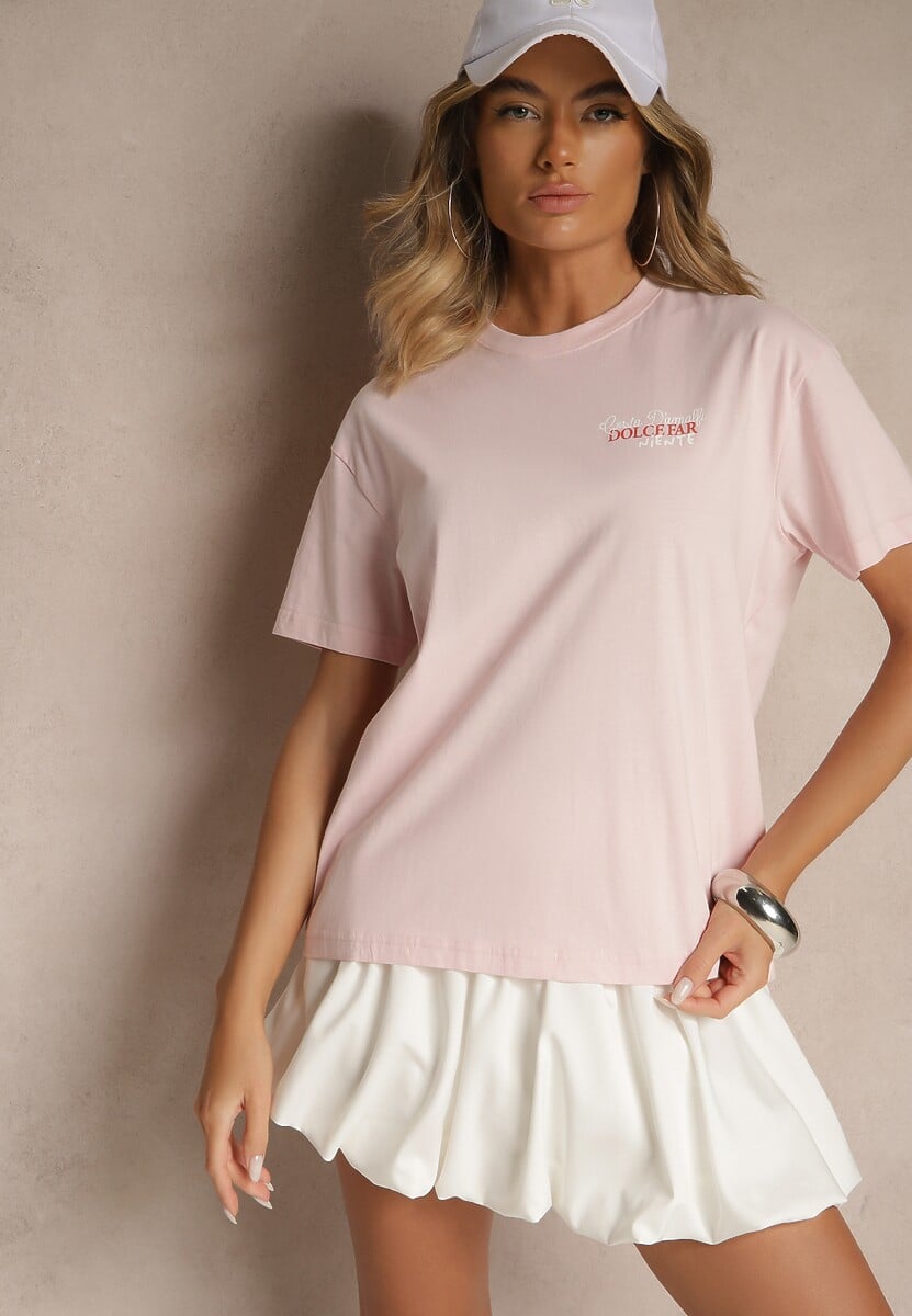 Jasnoróżowy T-shirt z Bawełny z Nadrukiem Adferia 2