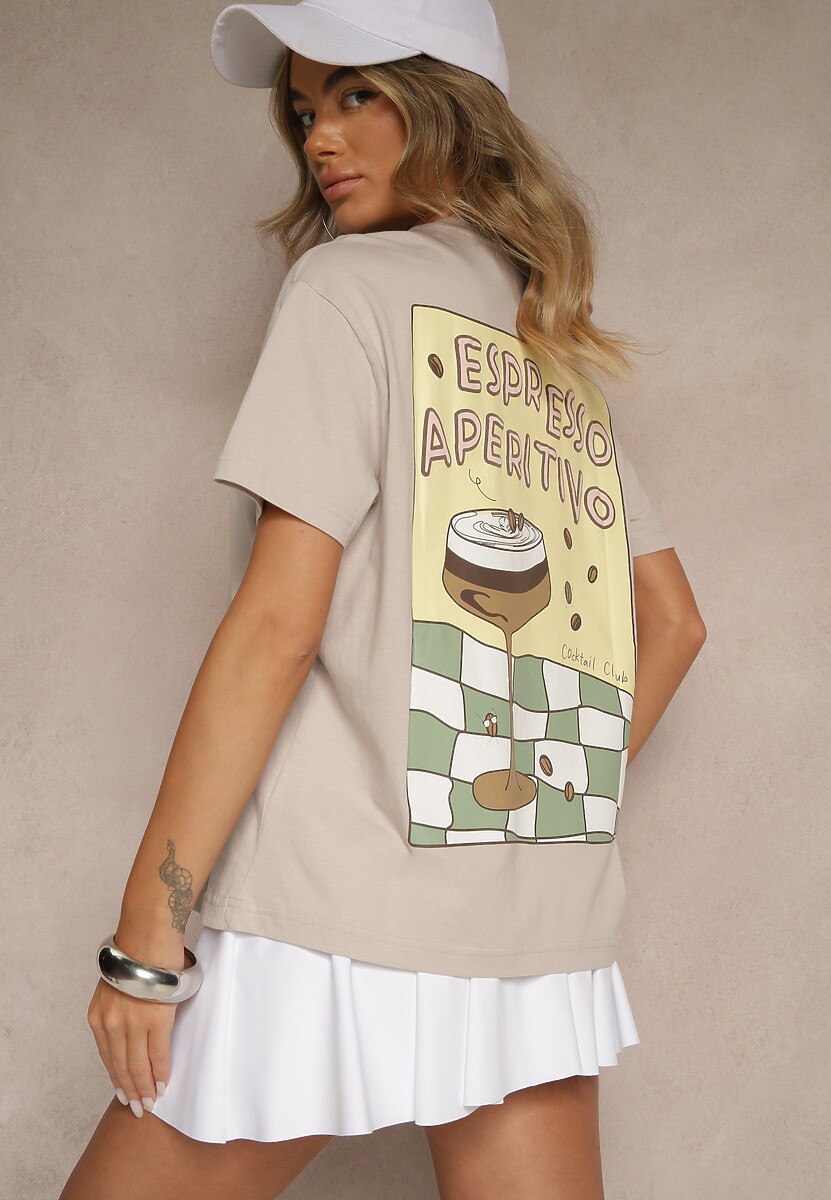 Beżowy T-shirt Oversize z Bawełny Ozdobiony Nadrukiem Filiora 3