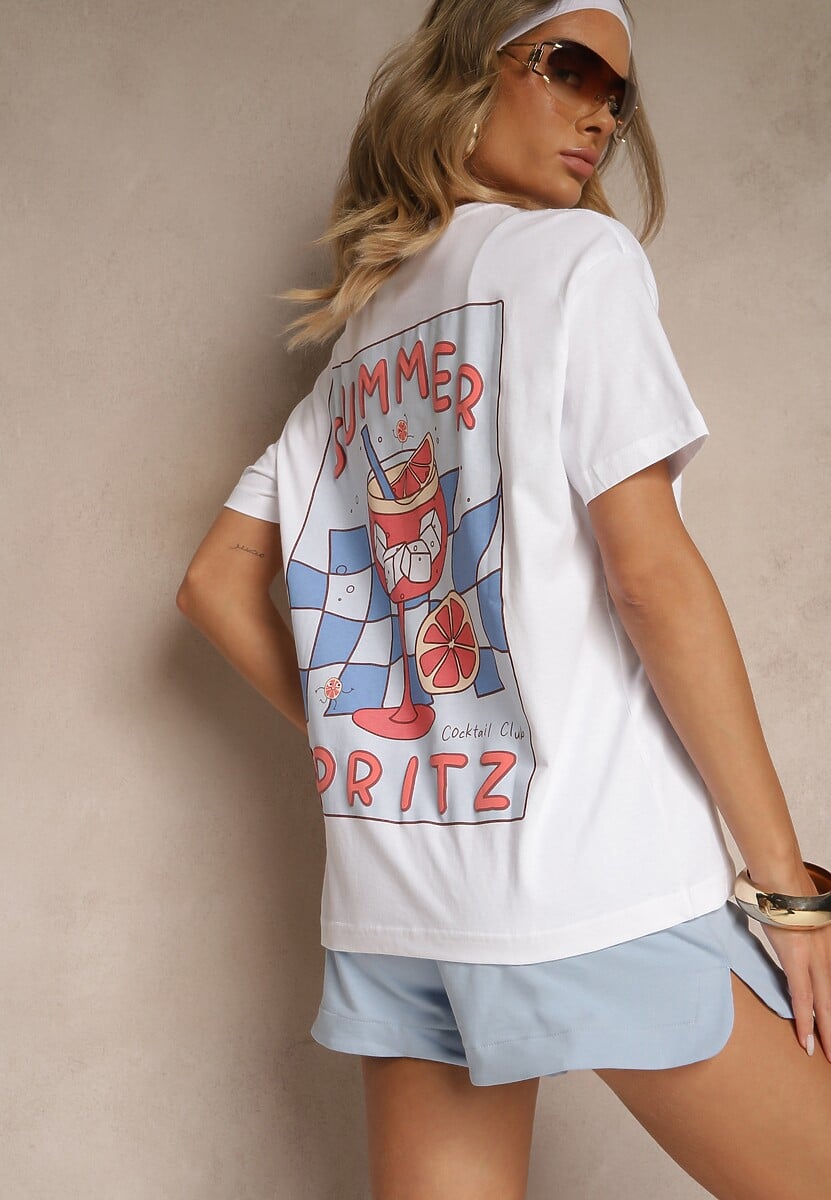 Biało-Niebieski T-shirt Oversize z Bawełny Ozdobiony Nadrukiem Filiora 3