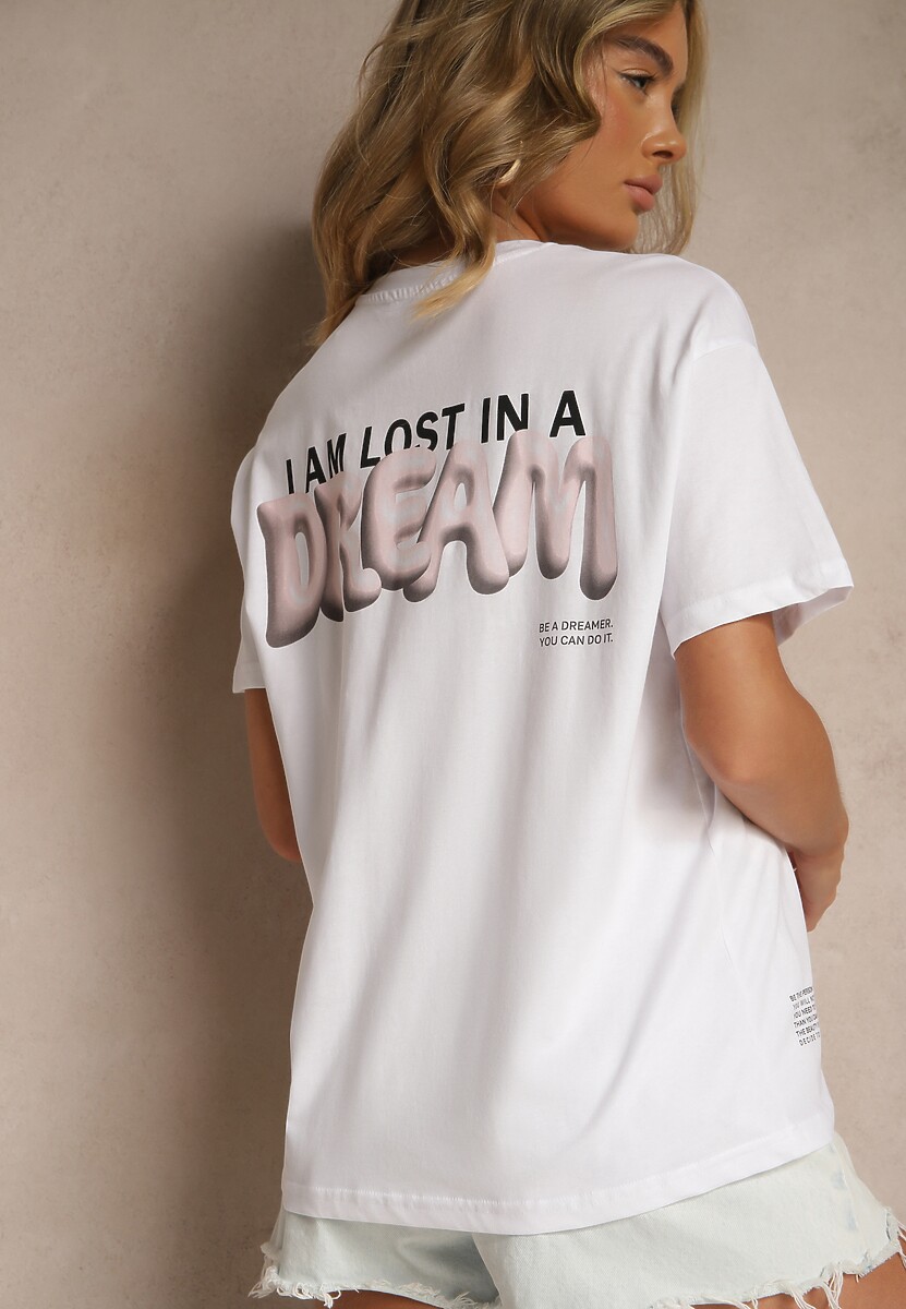 Biało-Różowy T-shirt z Bawełny Ozdobiony Nadrukiem Adneria 3