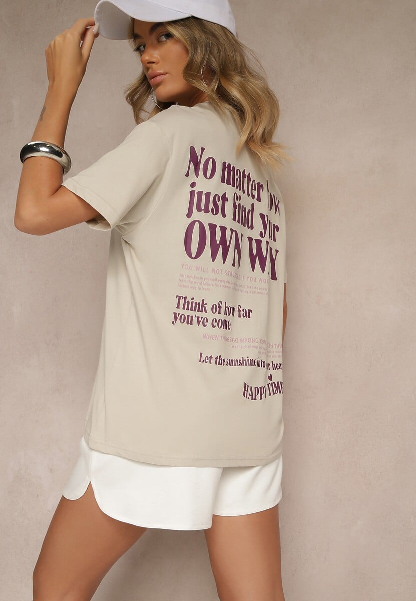 Jasnobeżowy T-shirt z Bawełny o Kroju Oversize Fillinea 1