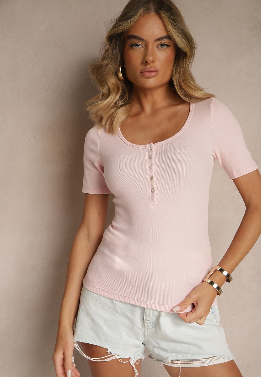 Różowy Bawełniany T-shirt Prążkowany z Guzikami Florvivi 1
