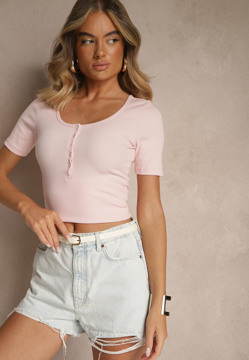 Różowy Bawełniany T-shirt Prążkowany z Guzikami Florvivi 2