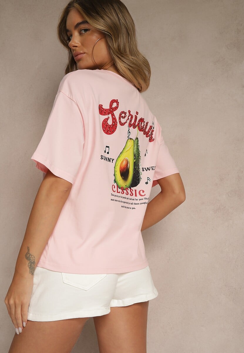Różowy T-shirt z Bawełną ze Wzorem Awokado Tilannia 1