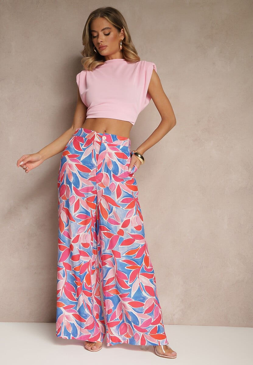 Różowe Spodnie z Wiskozy o Szerokim Kroju High Waist z Geometrycznym Motywem Ralianea 2