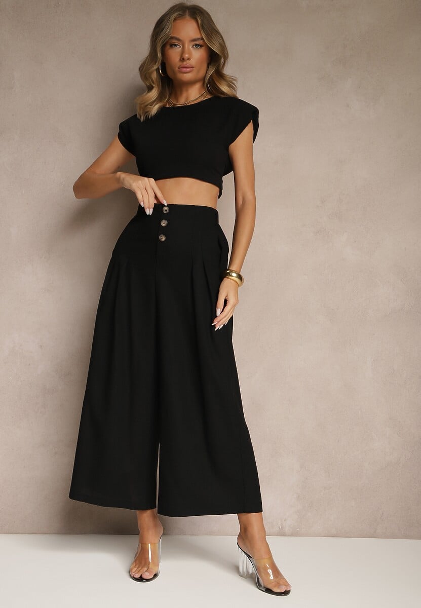 Czarne Spodnie Culottes High Waist z Bawełny Zdobione Guzikami Izuma 2
