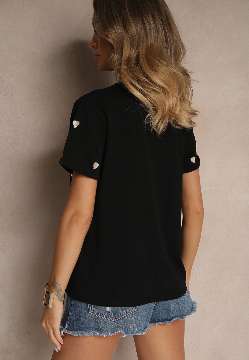 Czarny Bawełniany T-shirt z Motywem Serc Aramiraa 3
