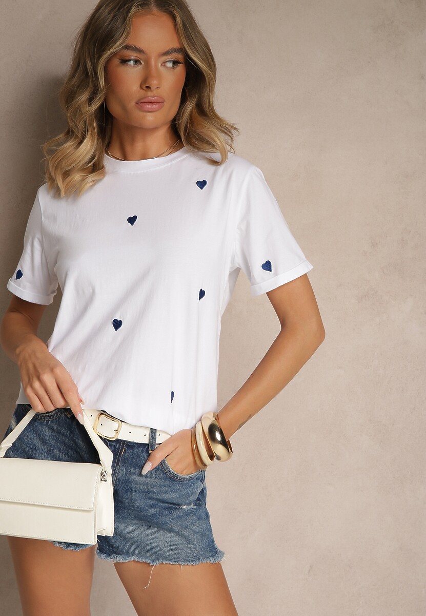 Biało-Niebieski Bawełniany T-shirt z Motywem Serc Aramiraa 2
