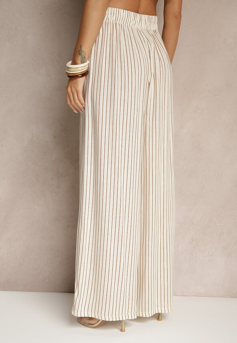Beżowo-Brązowe Szerokie Spodnie High Waist w Paski z Bawełny Silorea 3