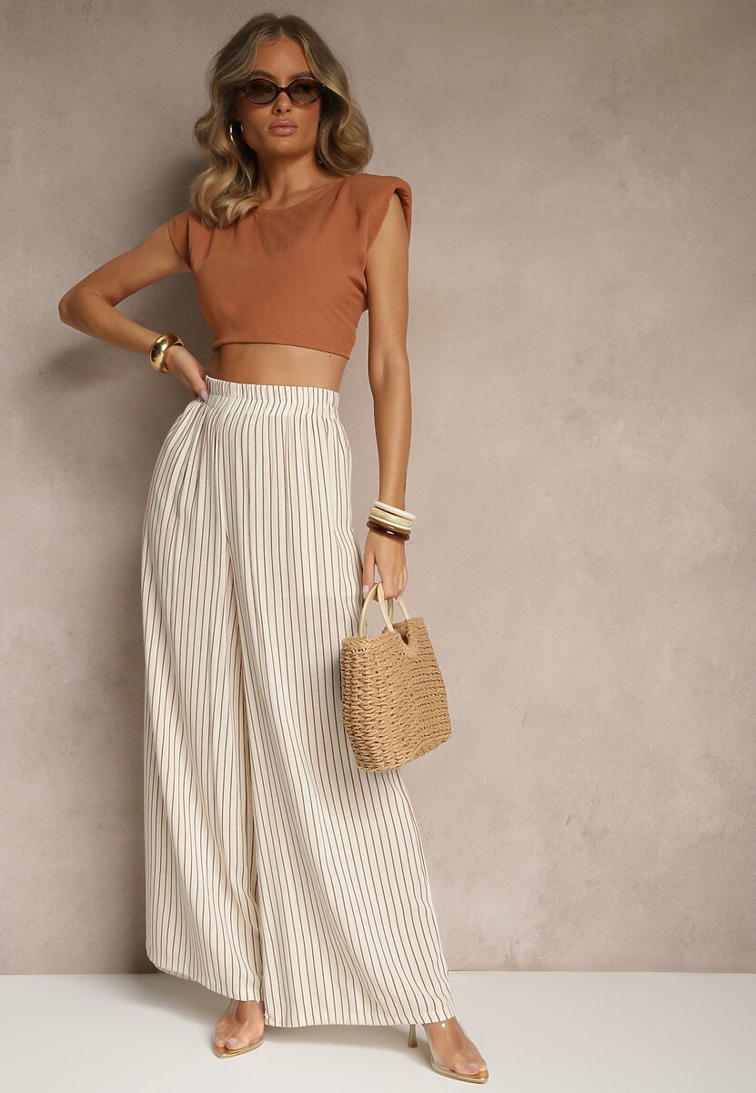 Beżowo-Brązowe Szerokie Spodnie High Waist w Paski z Bawełny Silorea 2