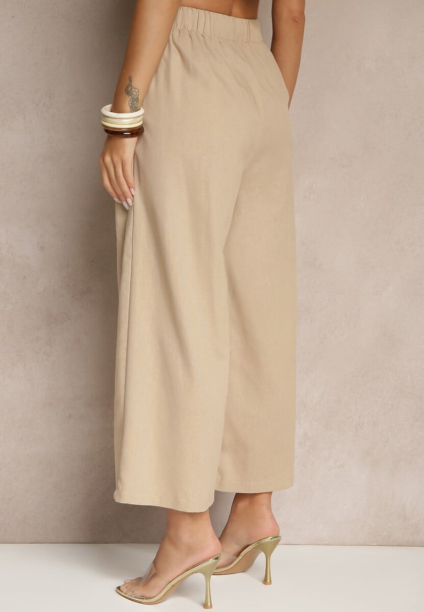 Ciemnobeżowe Spodnie Culottes High Waist z Bawełny Zdobione Guzikami Izuma 3