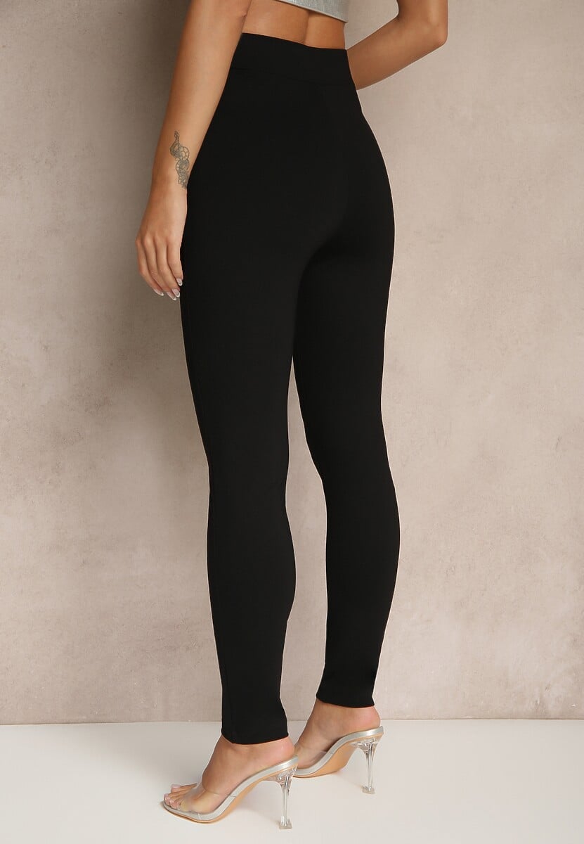 Czarne Legginsy High Waist z Wiskozą z Cyrkoniowym Guzikiem Naliselle 3