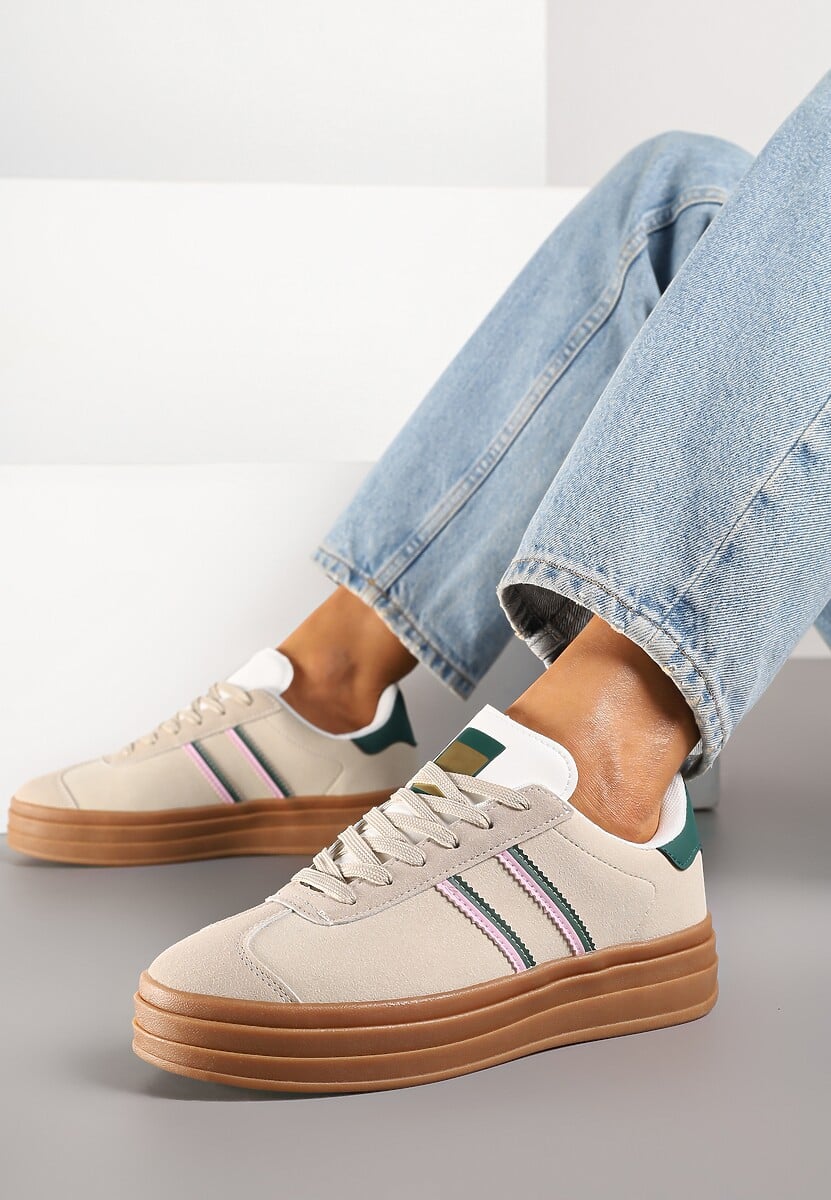 Beżowo-Zielone Klasyczne Sneakersy na Niewysokiej Platformie Terilee 1
