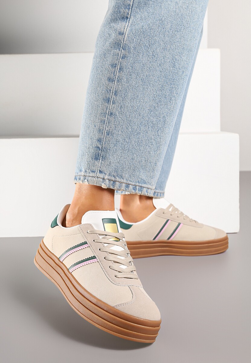 Beżowo-Zielone Klasyczne Sneakersy na Niewysokiej Platformie Terilee 2
