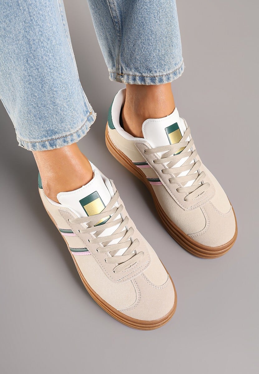 Beżowo-Zielone Klasyczne Sneakersy na Niewysokiej Platformie Terilee 3