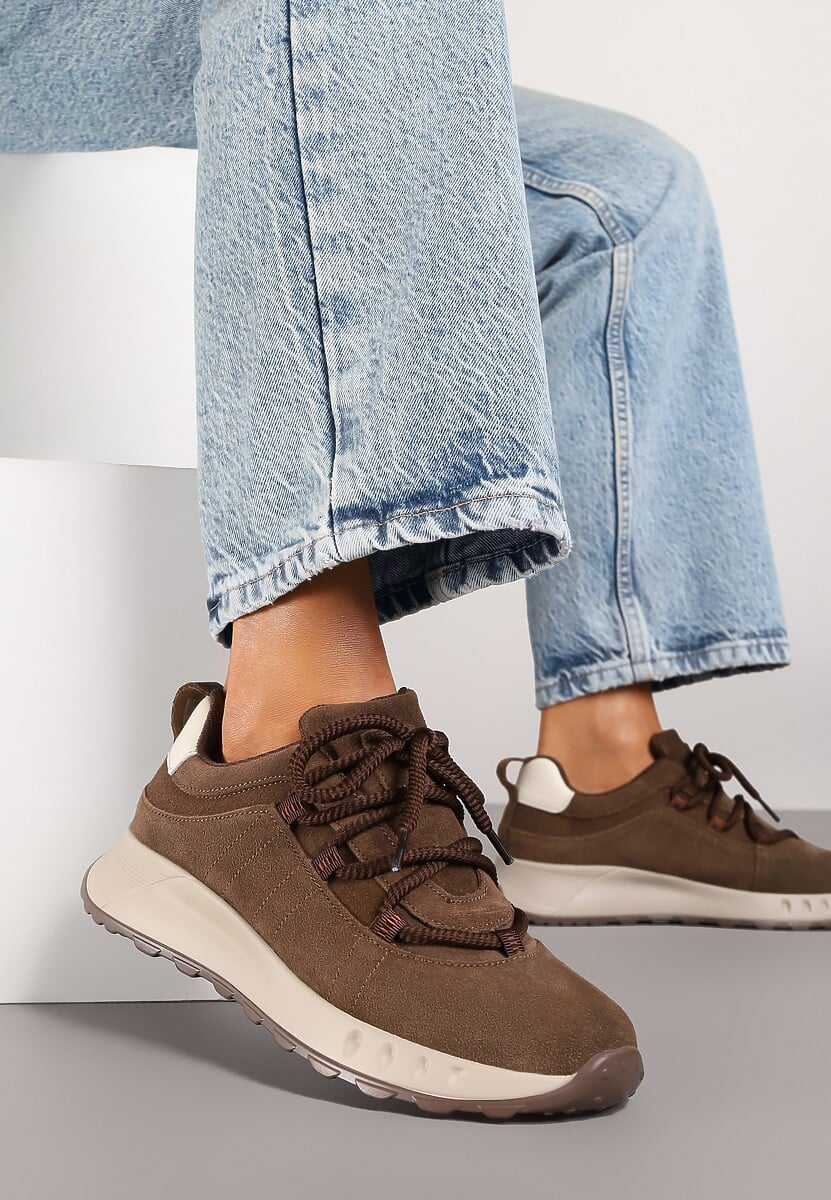 Brązowe Zamszowe Sneakersy z Wkładką ze Skóry Naturalnej Dolavienne 1