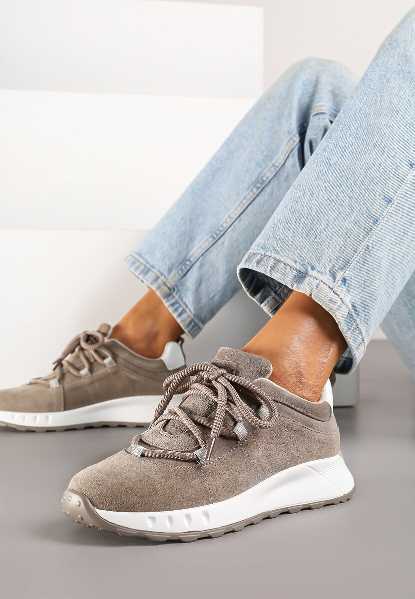 Ciemnobeżowe Zamszowe Sneakersy z Wkładką ze Skóry Naturalnej Dolavienne 1