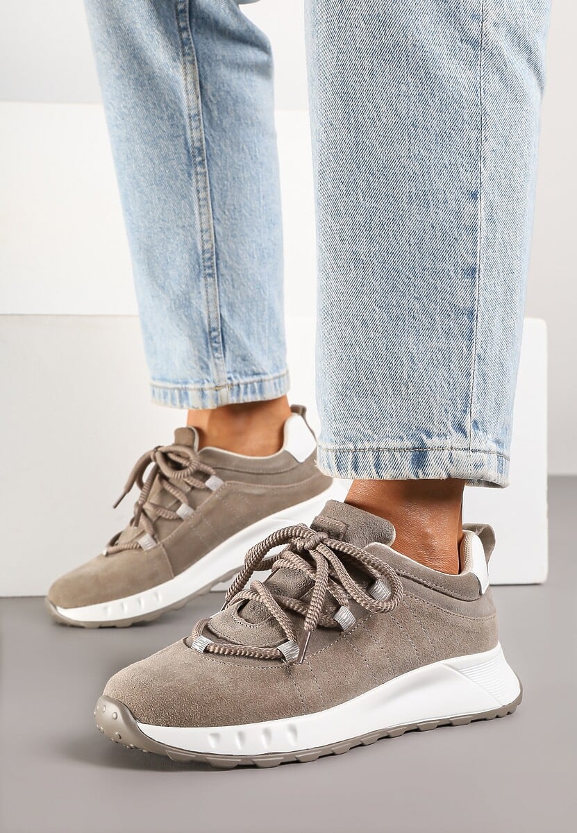 Ciemnobeżowe Zamszowe Sneakersy z Wkładką ze Skóry Naturalnej Dolavienne 2