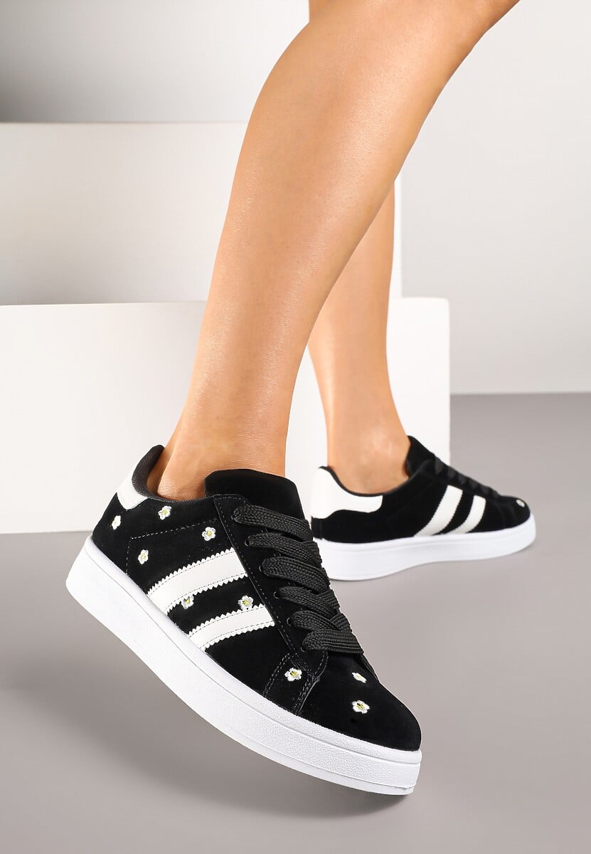 Czarne Sneakersy Ozdobione Haftowanymi Kwiatami i Paskami Malirelle 2