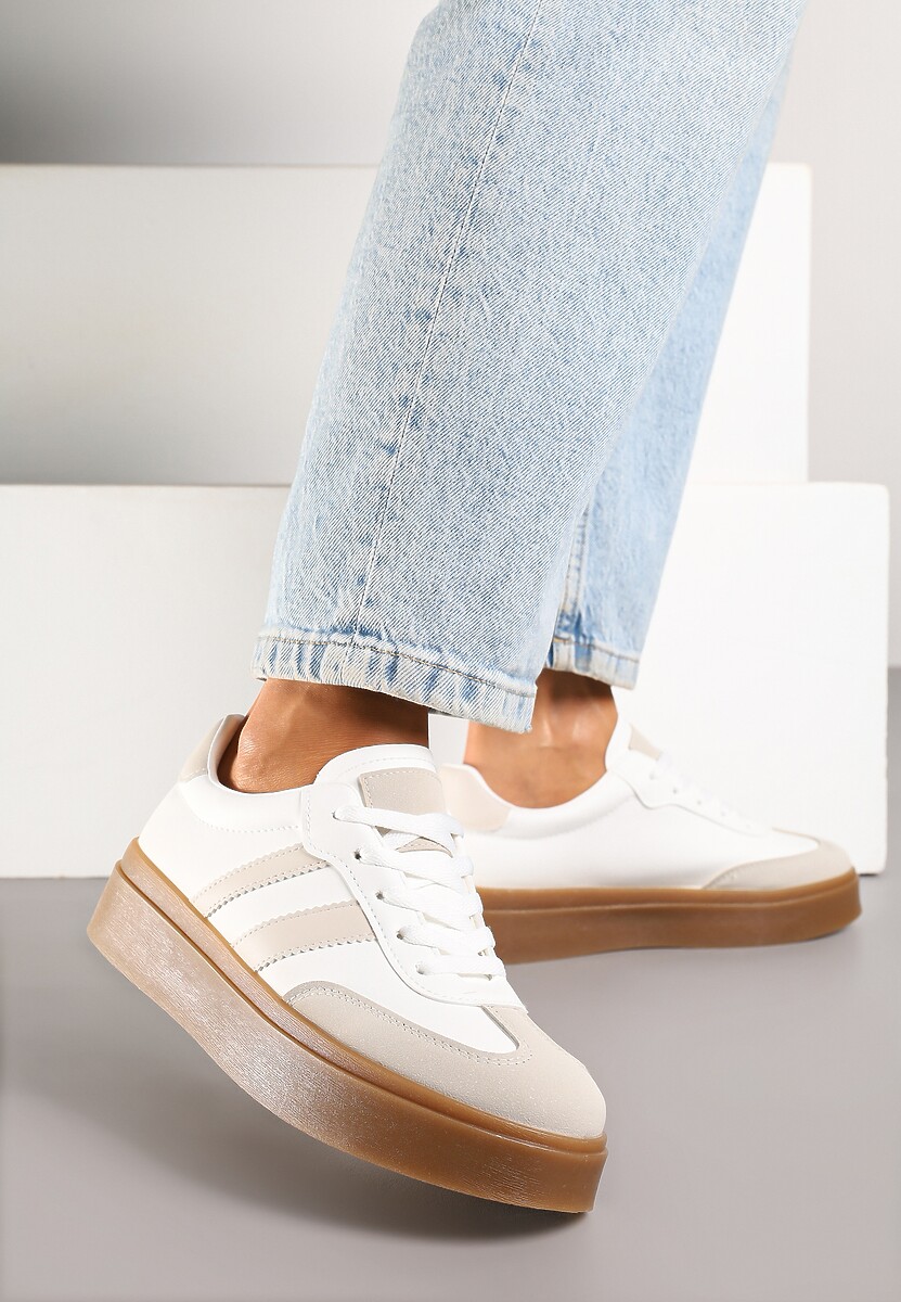 Biało-Beżowe Sneakersy na Kauczukowej Podeszwie Ozdobione Paskami Nilimea 1