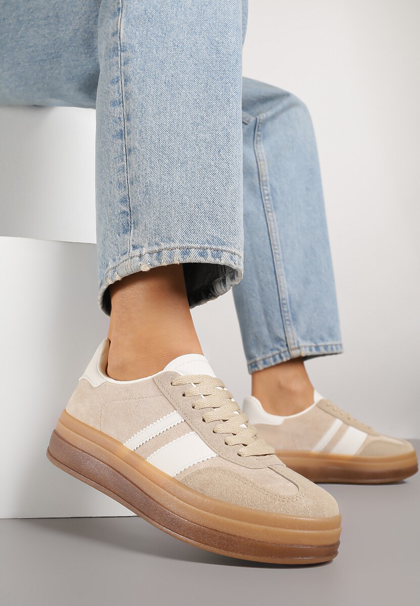 Ciemnobeżowe Sneakersy na Płaskiej Podeszwie z Ozdobnymi Paskami Velali 1