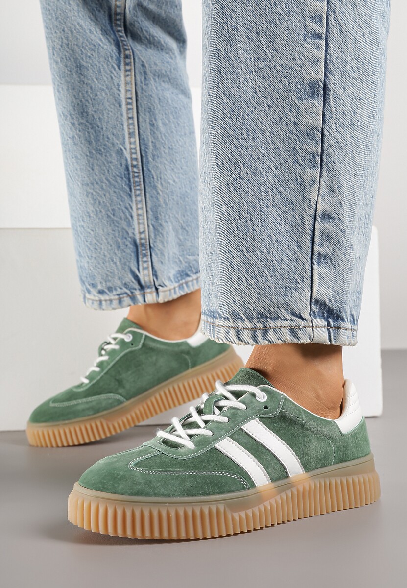 Zielone Zamszowe Sneakersy w Stylu Kultowych Tenisówek ze Skórzaną Wkładką i Wzorem w Panterkę Tenannia 2