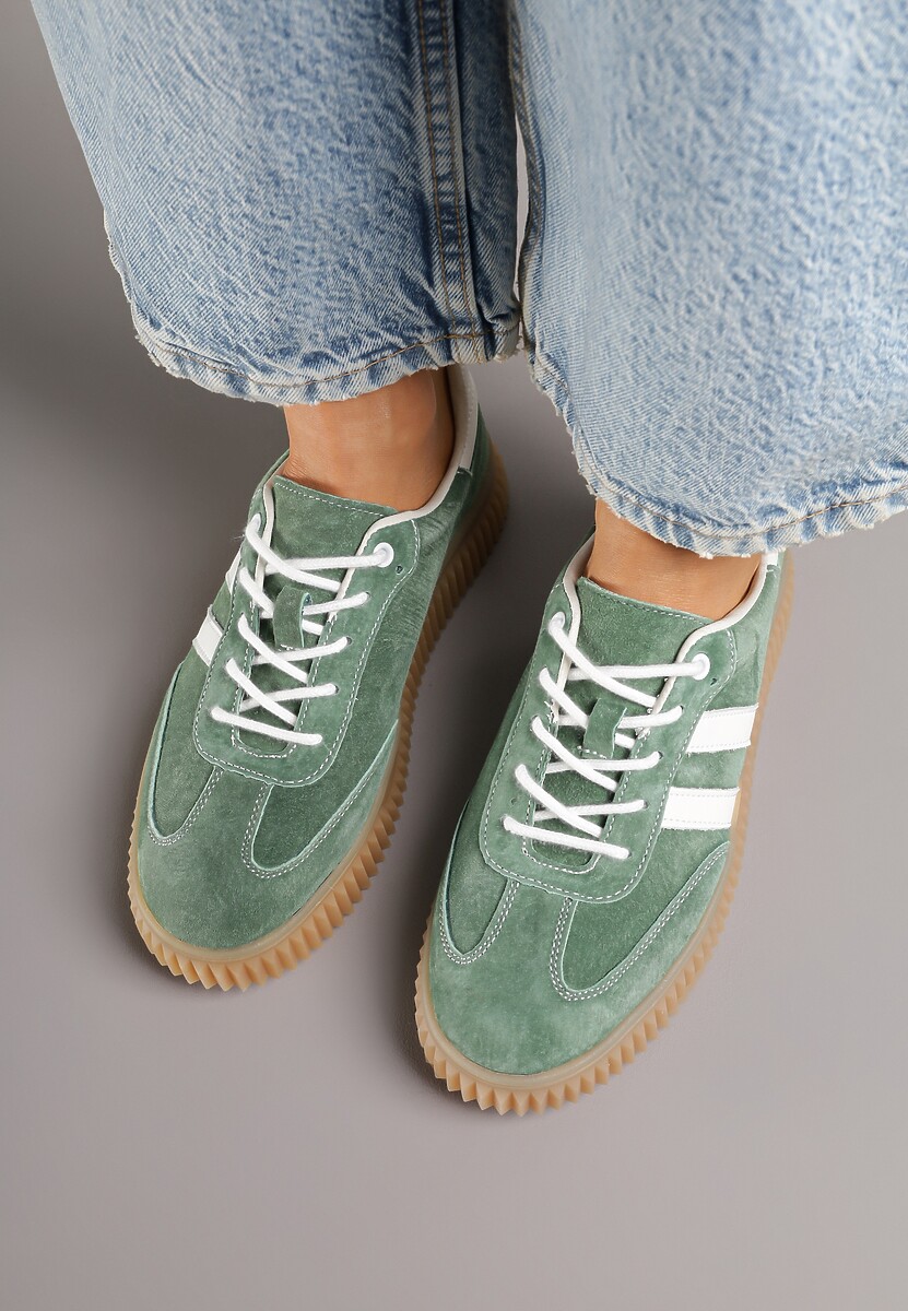 Zielone Zamszowe Sneakersy w Stylu Kultowych Tenisówek ze Skórzaną Wkładką i Wzorem w Panterkę Tenannia 3