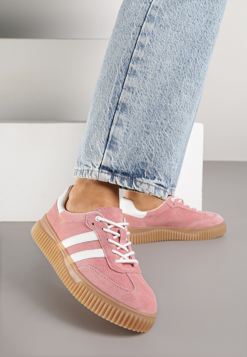 Różowe Zamszowe Sneakersy w Stylu Kultowych Tenisówek ze Skórzaną Wkładką i Wzorem w Panterkę Tenannia 1